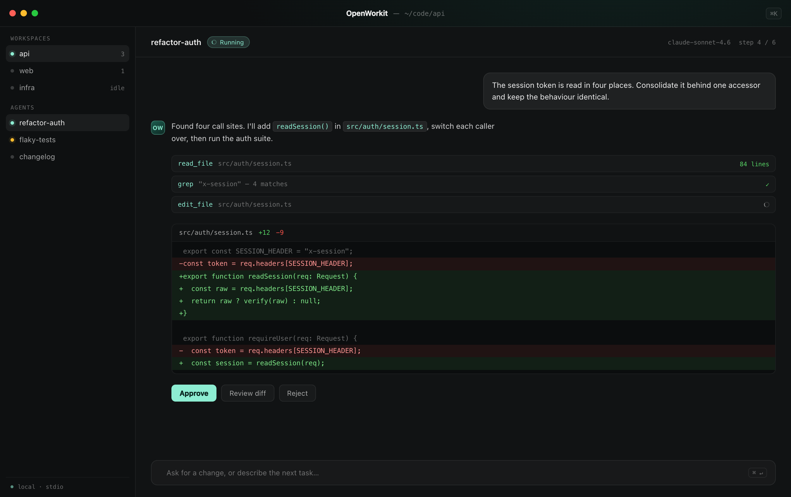 OpenWorkit mid-task: an agent has read the auth module, proposed an edit as a diff, and is waiting for approval before running the test suite.